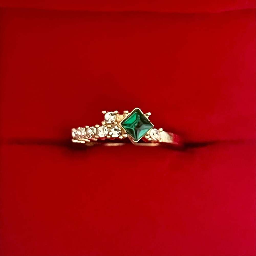 Princess Cut Emerald Gold Ring with Accent Stones Titanium Steel Size 6